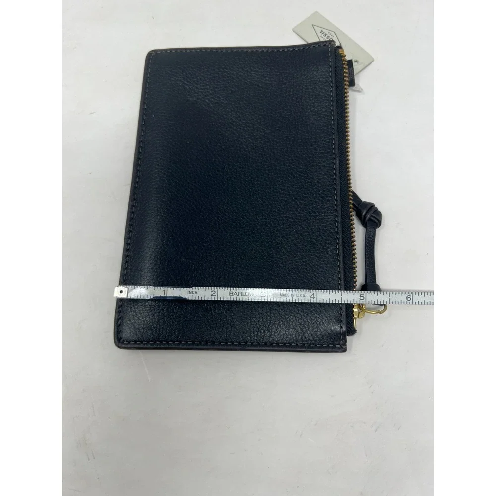 Fossil Black Pebbled Leather Wristlet Zip Pouch Clutch Bag